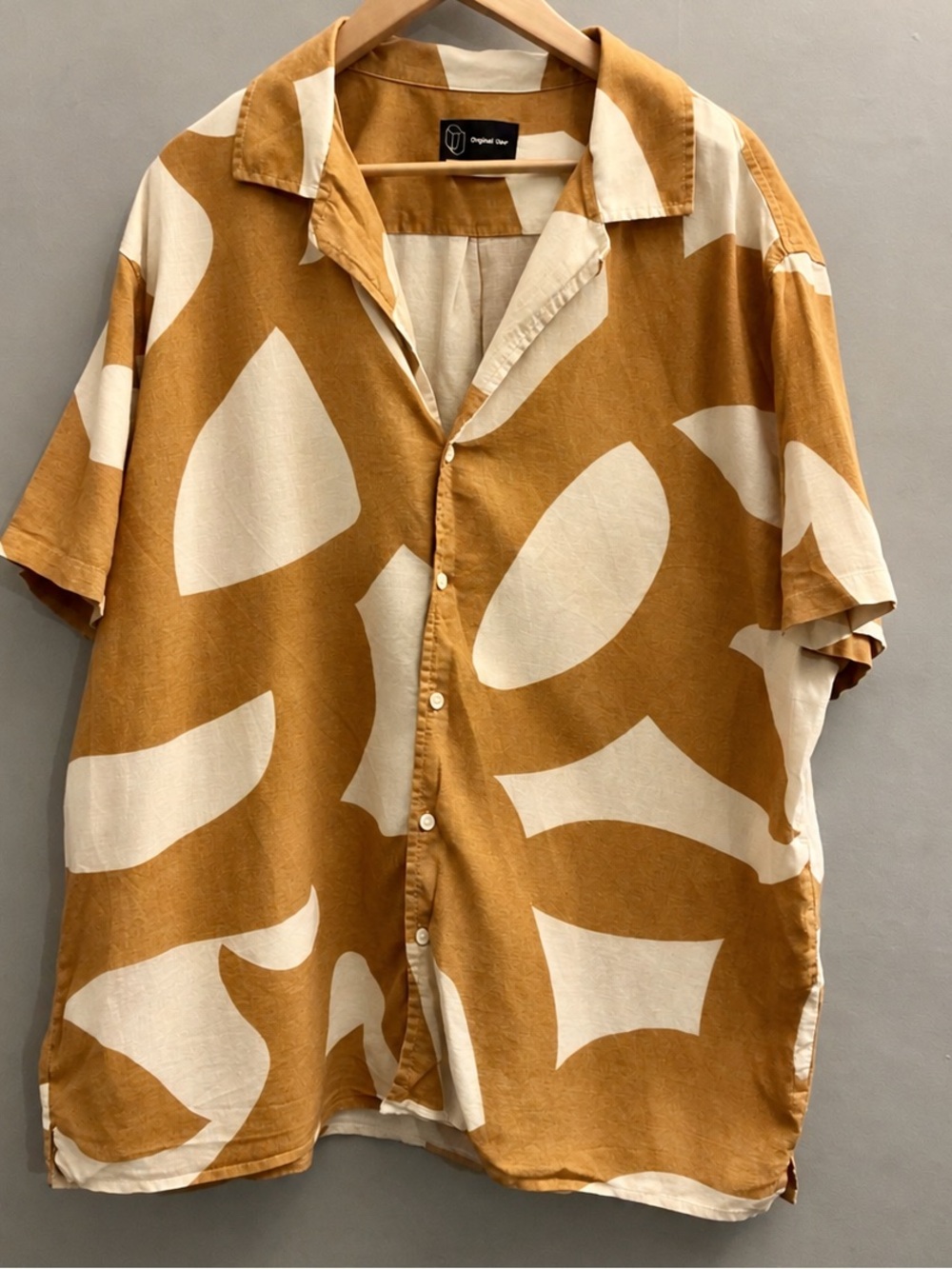 Original Use XXL Linen Blend Abstract Camp Collar Shirt Tan Cream